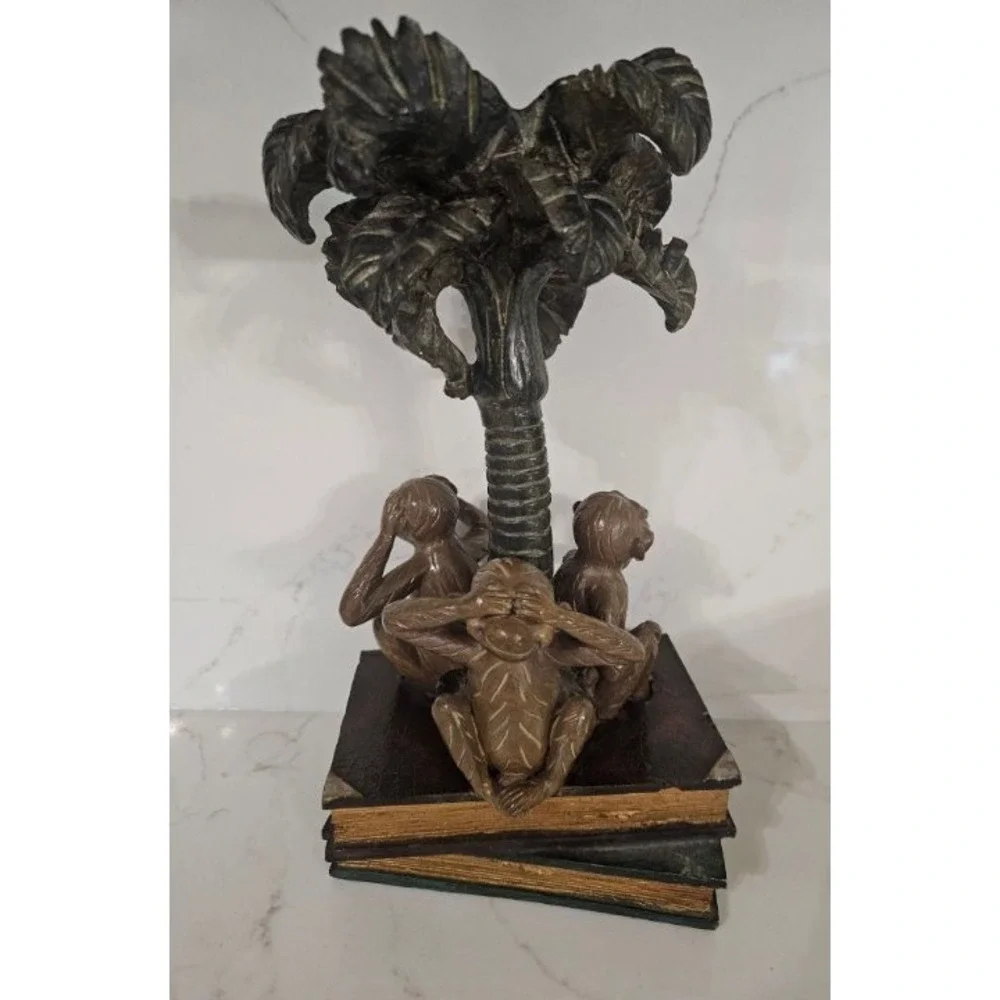 Vintage Style Three Wise Monkeys Palm Tree Resin Candle Holder
